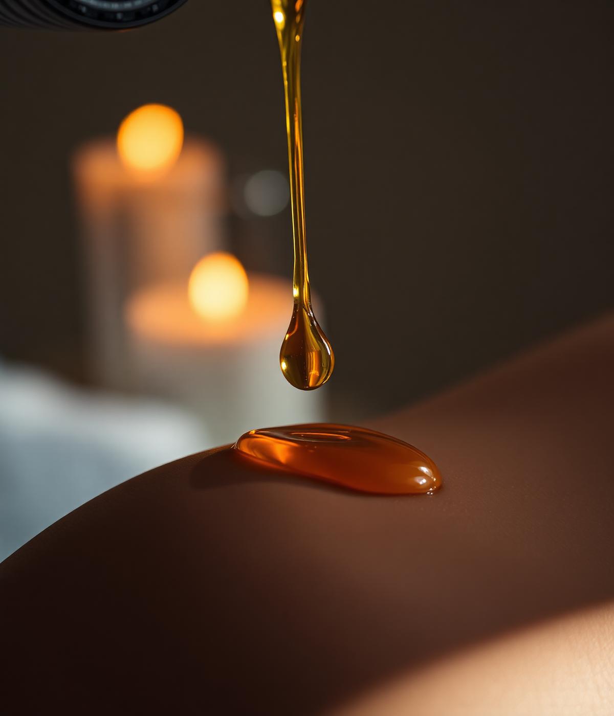Huile de massage versée dans un bol en bois
